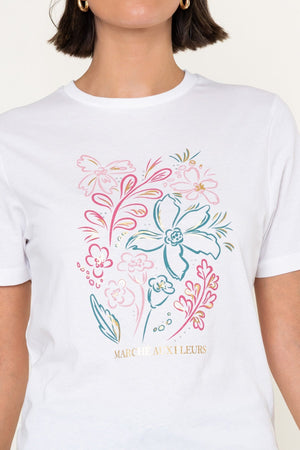 Carraig Donn White Floral Print Cotton Round Neck Short Sleeve T-Shirt