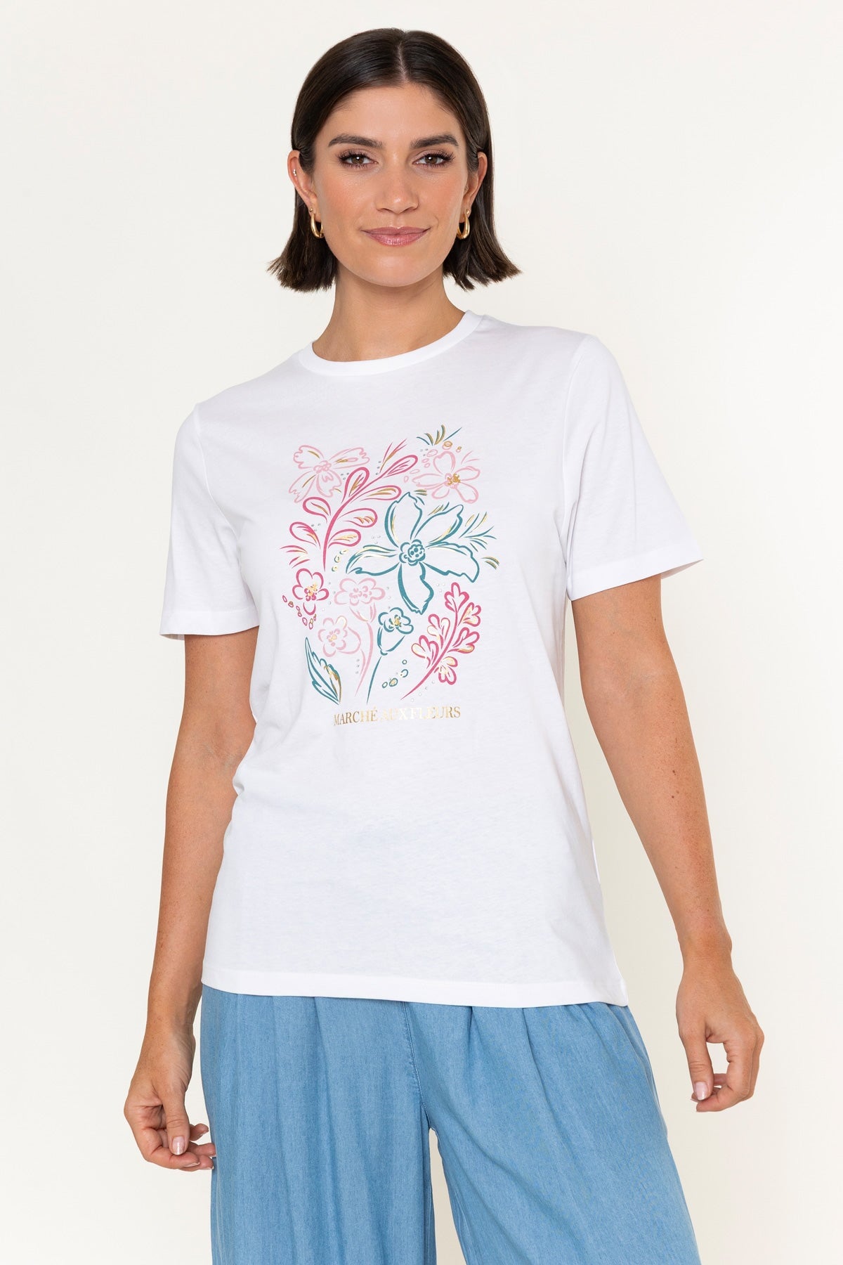 White Floral Print Cotton Round Neck Short Sleeve T-Shirt