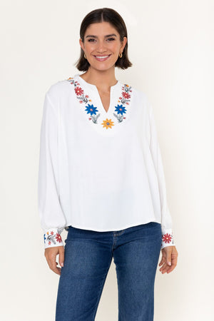 Carraig Donn White Floral Print Split V-Neck Long Sleeve Top