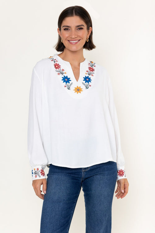 White Floral Print Split V-Neck Long Sleeve Top