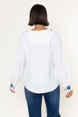 Carraig Donn White Floral Print Split V-Neck Long Sleeve Top