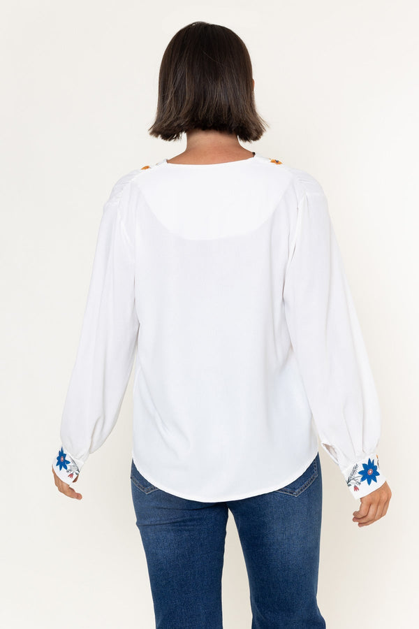 Carraig Donn White Floral Print Split V-Neck Long Sleeve Top