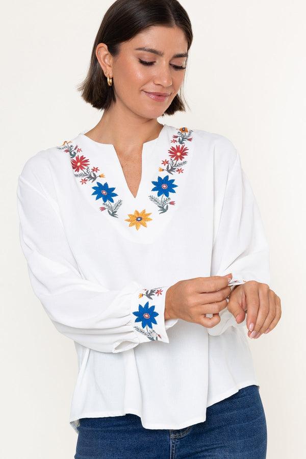 Carraig Donn White Floral Print Split V-Neck Long Sleeve Top