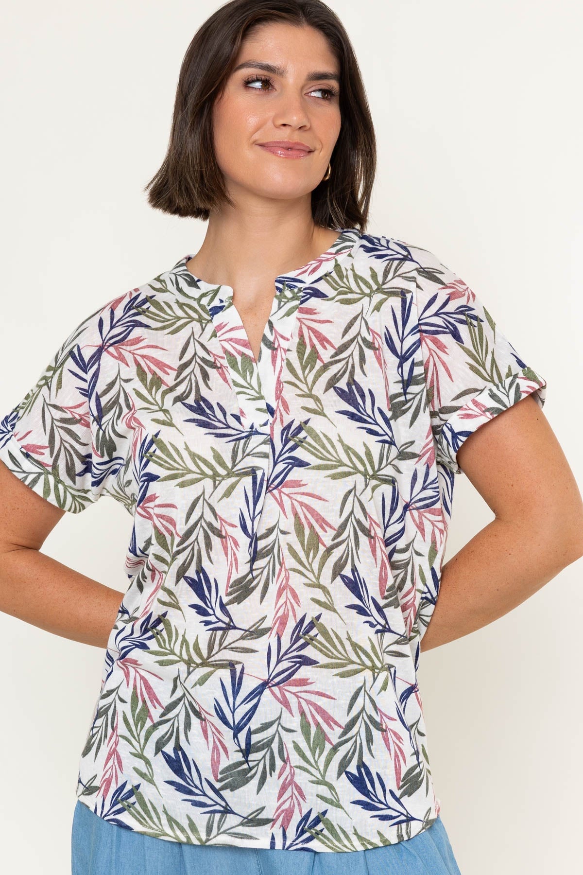 White Linen Look Print Collarless Short Sleeve Top