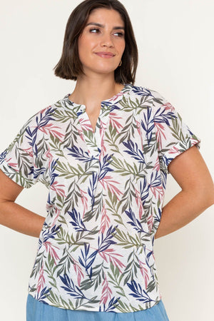 Carraig Donn White Linen Look Print Collarless Short Sleeve Top