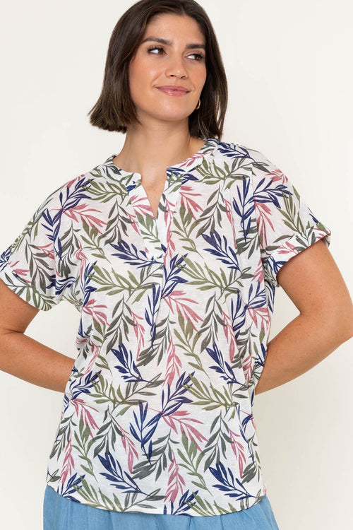 White Linen Look Print Collarless Short Sleeve Top