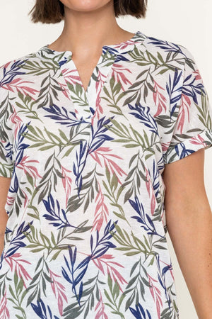 Carraig Donn White Linen Look Print Collarless Short Sleeve Top