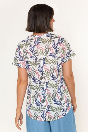 Carraig Donn White Linen Look Print Collarless Short Sleeve Top