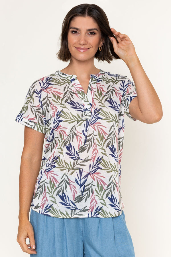 Carraig Donn White Linen Look Print Collarless Short Sleeve Top
