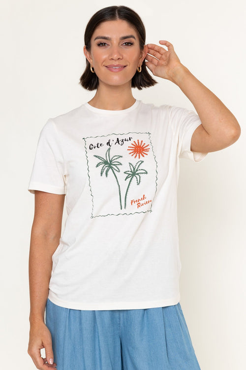 White Palm Print Cotton Round Neck Short Sleeve T-Shirt