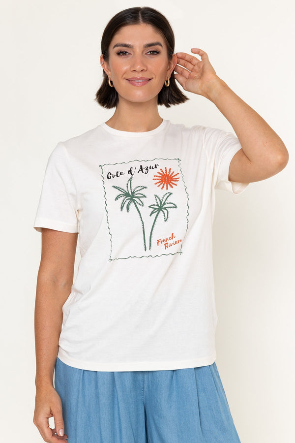 Carraig Donn White Palm Print Cotton Round Neck Short Sleeve T-Shirt