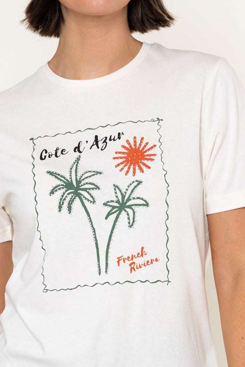 Carraig Donn White Palm Print Cotton Round Neck Short Sleeve T-Shirt