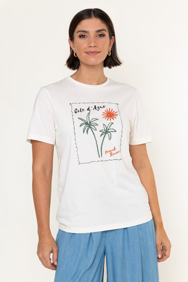 Carraig Donn White Palm Print Cotton Round Neck Short Sleeve T-Shirt
