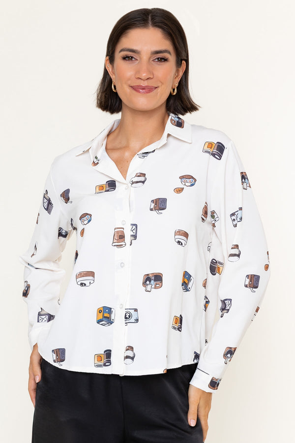 Carraig Donn White Retro Print Button Down Regular Fit Long Sleeve Shirt
