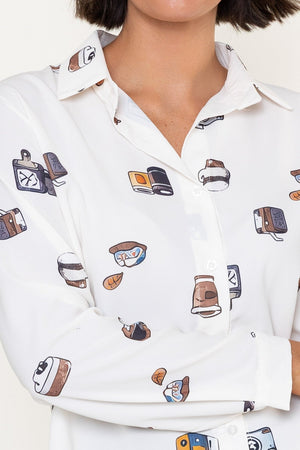 Carraig Donn White Retro Print Button Down Regular Fit Long Sleeve Shirt