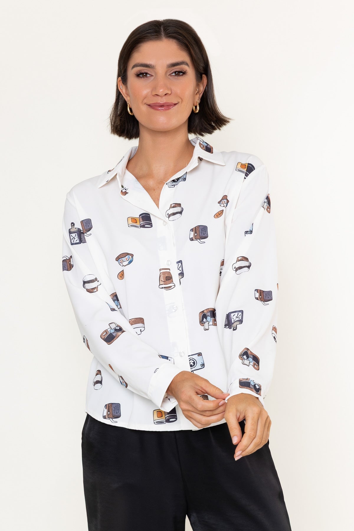 White Retro Print Button Down Regular Fit Long Sleeve Shirt