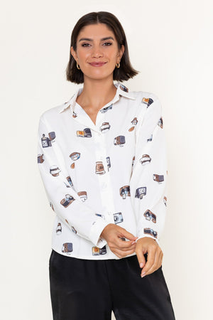 Carraig Donn White Retro Print Button Down Regular Fit Long Sleeve Shirt