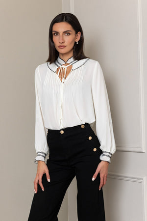 Carraig Donn White Shirred Collar Long Sleeve Blouse