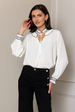 Carraig Donn White Shirred Collar Long Sleeve Blouse