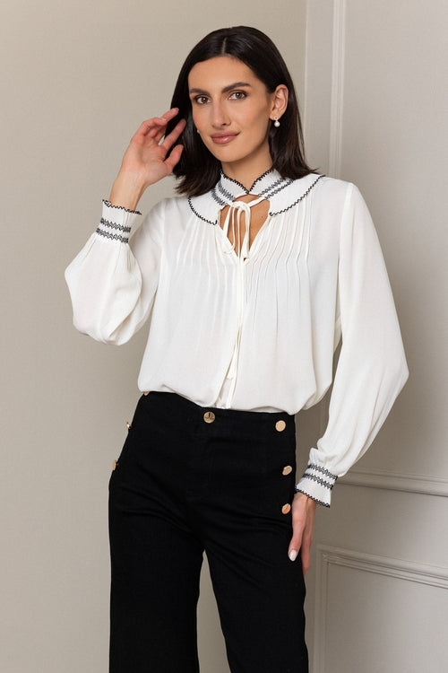 White Shirred Collar Long Sleeve Blouse