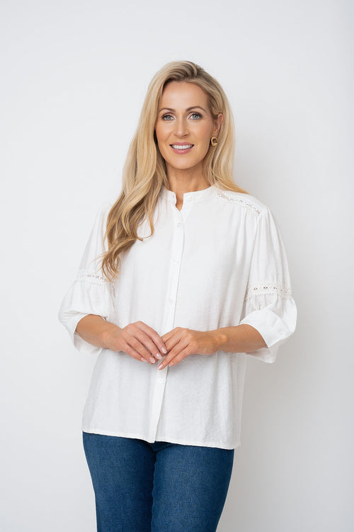 White Viscose Button Down Collarless 3/4 Sleeve Blouse