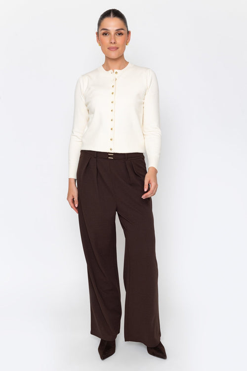 Brown Mid Rise Wide Leg Belt Detail Pull On Trousers