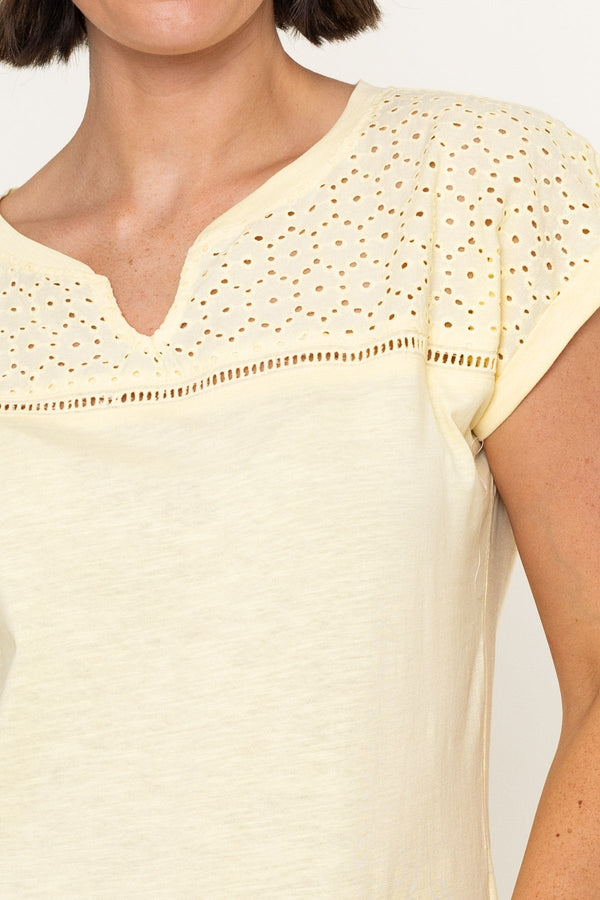 Carraig Donn Yellow Cotton Laser Cut V-Neck Short Sleeve Top