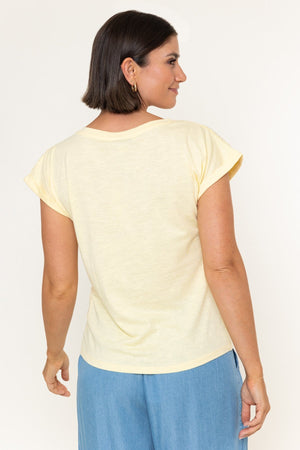 Carraig Donn Yellow Cotton Laser Cut V-Neck Short Sleeve Top