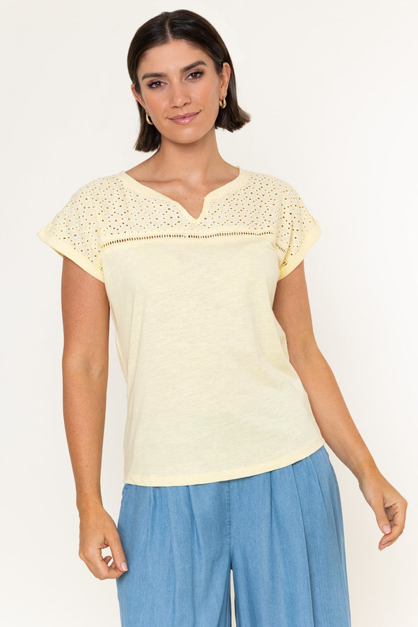 Carraig Donn Yellow Cotton Laser Cut V-Neck Short Sleeve Top
