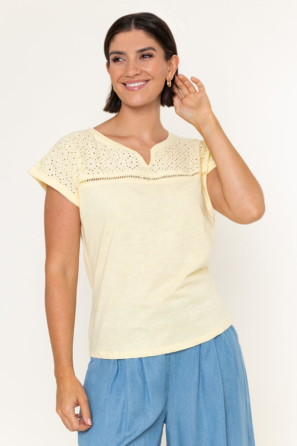 Carraig Donn Yellow Cotton Laser Cut V-Neck Short Sleeve Top