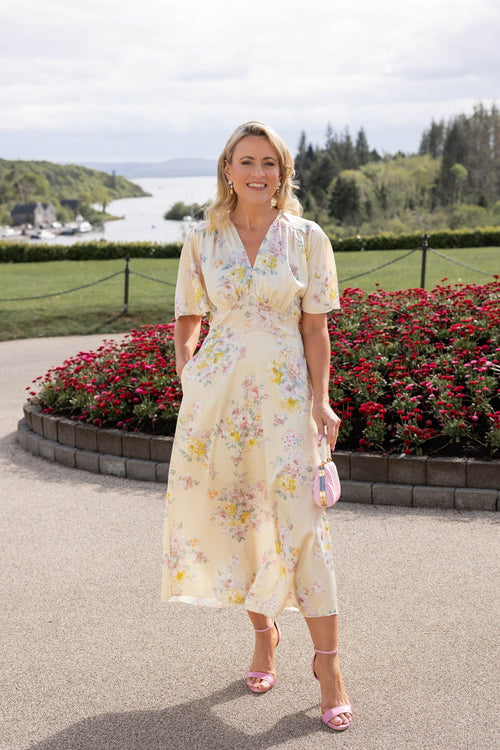 Yellow Print Short Sleeve Cliodhna Midi Dress