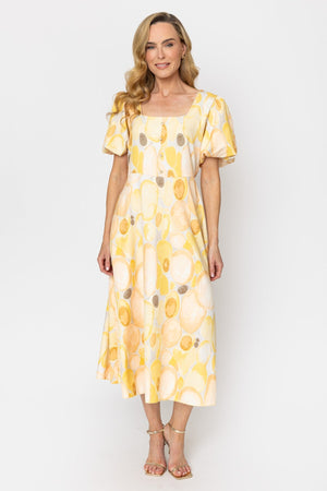 Carraig Donn Yellow Print Square Neck Midi Dress
