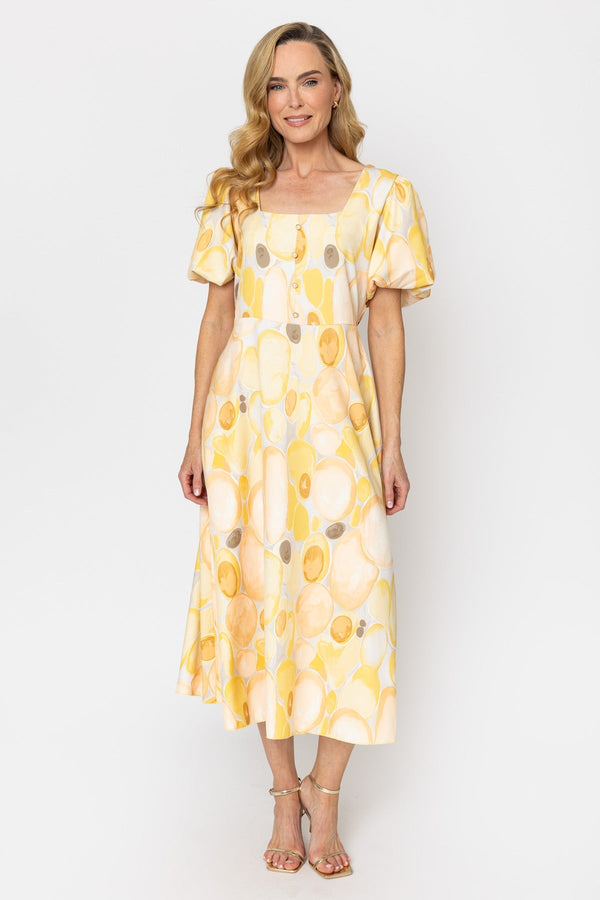 Carraig Donn Yellow Print Square Neck Midi Dress