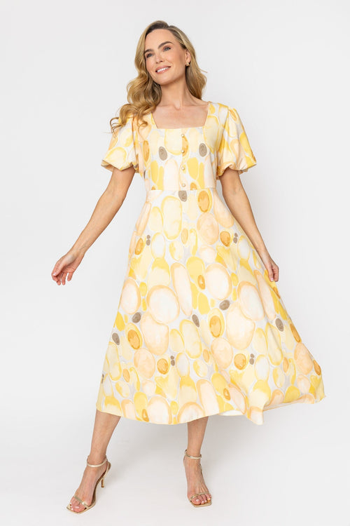 Yellow Print Square Neck Midi Dress