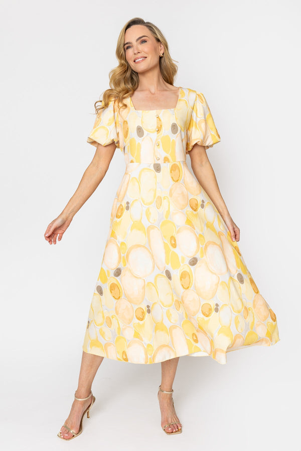 Carraig Donn Yellow Print Square Neck Midi Dress