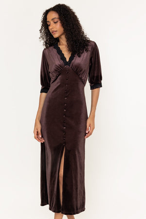 Carraig Donn Zoe Brown Velvet Lace Trim Short Sleeve Midi Dress
