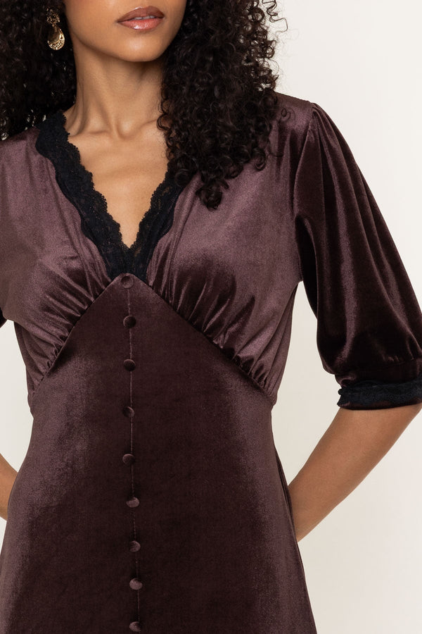 Carraig Donn Zoe Brown Velvet Lace Trim Short Sleeve Midi Dress