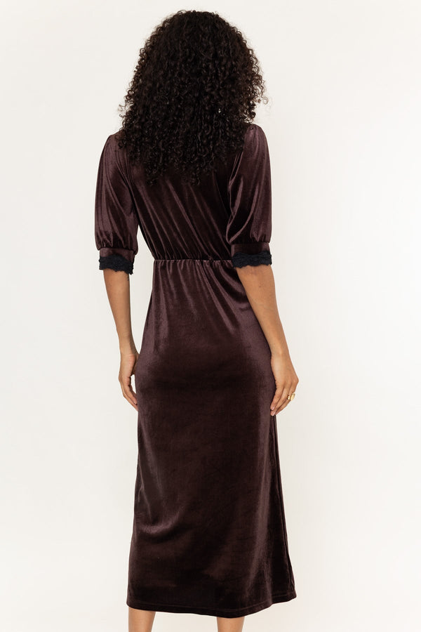 Carraig Donn Zoe Brown Velvet Lace Trim Short Sleeve Midi Dress