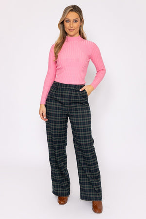 Wide Leg Check Pants in Green