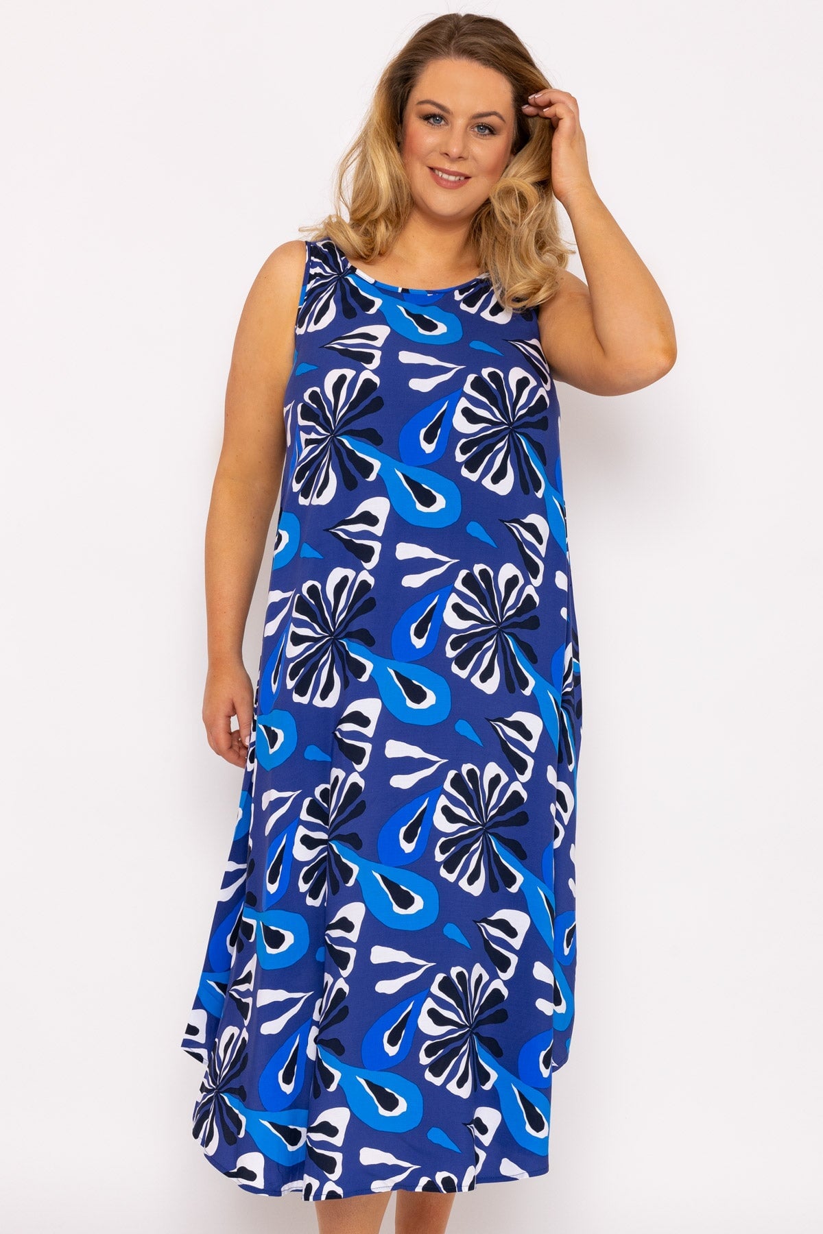 A-Line Midi Dress in Blue Print