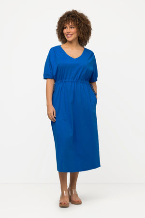 Blue Short Sleeve Drawstring Waist Midi Dress