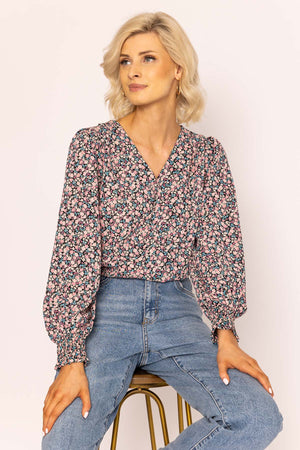 Button Blouse in Pink Print