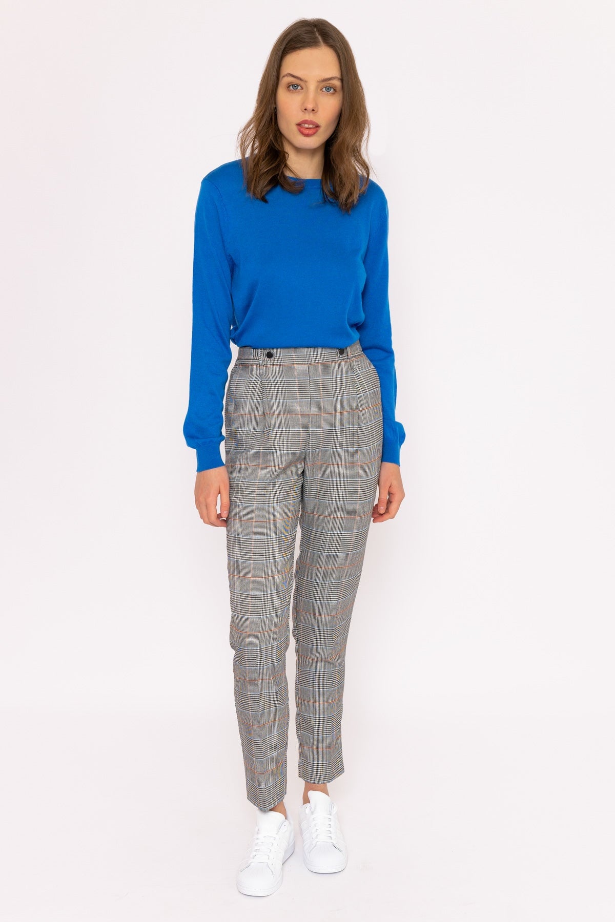 Button Detail Tailored Pant in Check Print