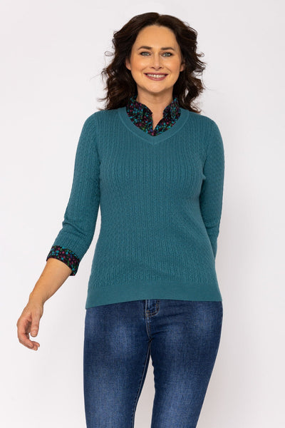 Carraig Donn Cable Knit Shirt with Collar and Cuffs in Teal