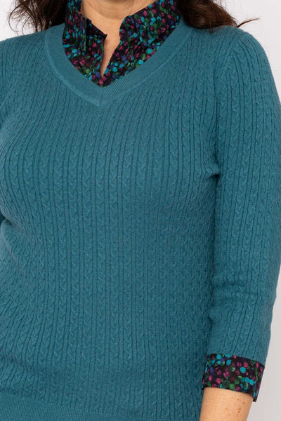 Carraig Donn Cable Knit Shirt with Collar and Cuffs in Teal