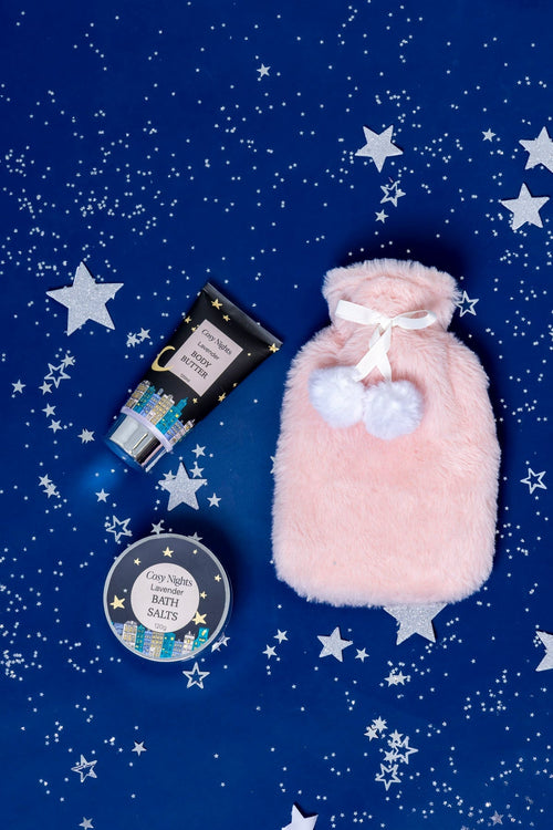 Cosy Nights Lavender Gift Set - Mini Hot Water Bottle, Body Butter & Bath Salt
