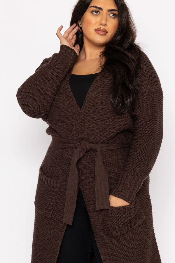 Carraig Donn Curve - Long Belted Cardigan in Brown