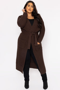 Carraig Donn Curve - Long Belted Cardigan in Brown