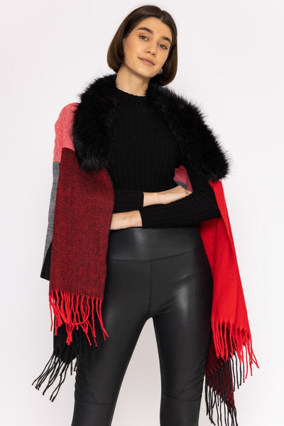 Carraig Donn Faux Fur Trim Wrap in Red and Black