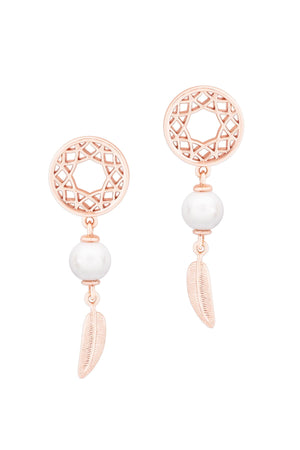 Feather & Pearl Boho Earrings In Rose Gold